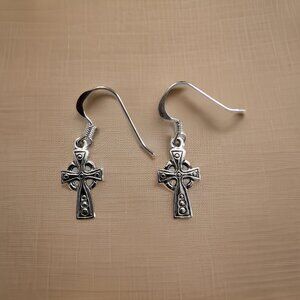 Brand New 925 Solid Sterling Silver Hanging Dangling Hook Cross Celtic Earrings